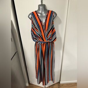 Lilian 3x Striped V-Neck Maxi Belted Jumpsuit Multicolor Striped